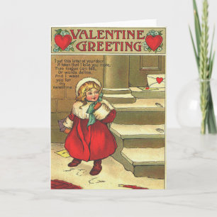 Vintage Girl Leaving Valentine Card On Doorstep