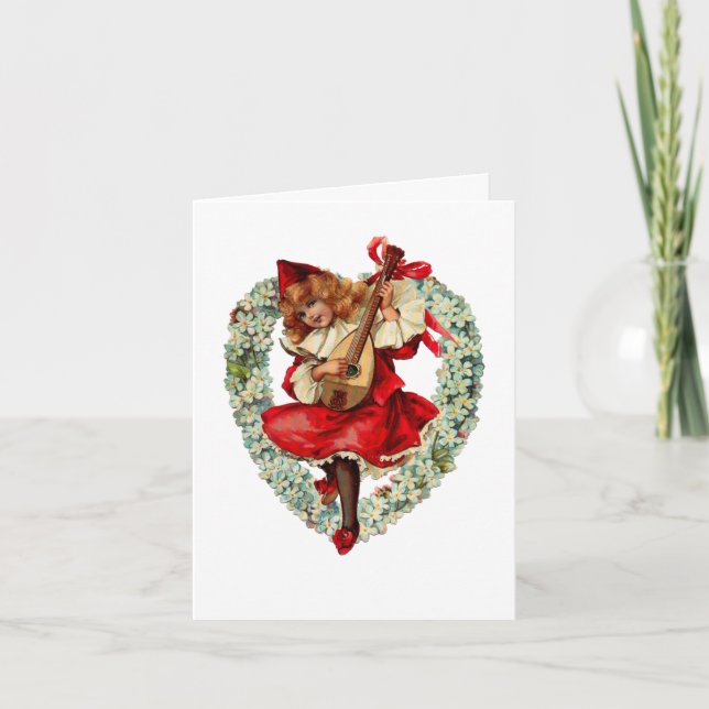 Vintage girl mandolin valentine card (Front)