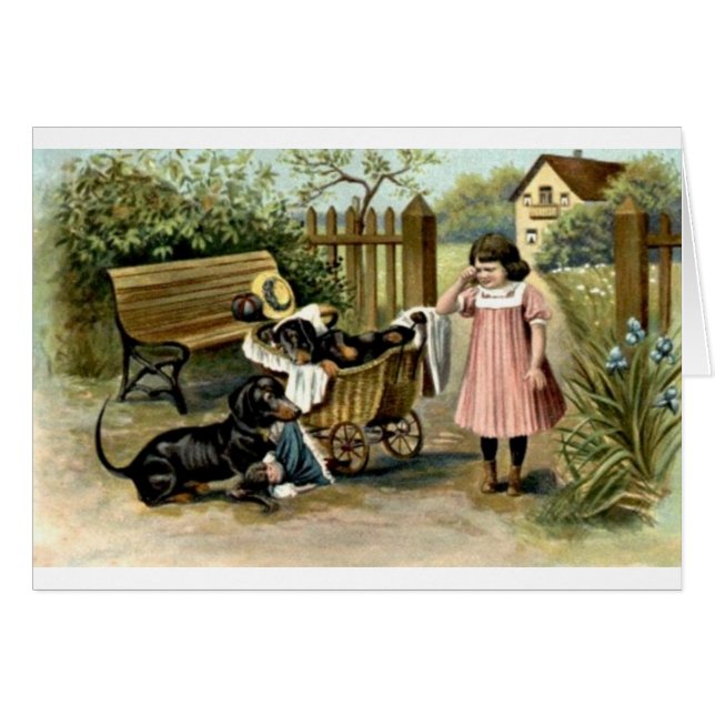 Vintage - Girl & Naughty Dachshunds, (Front Horizontal)