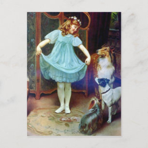 Vintage Girl New Dress Collie pet dogs Postcard
