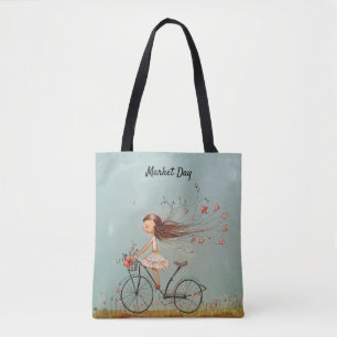 Vintage Girl on Bicycle Floral Market Tote Bag