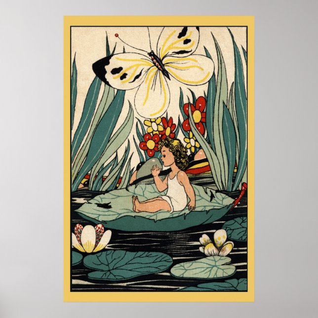 Vintage girl on lily pad flowers, butterfly poster (Front)