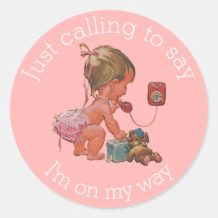 Vintage Girl on Phone Baby Shower Classic Round Sticker