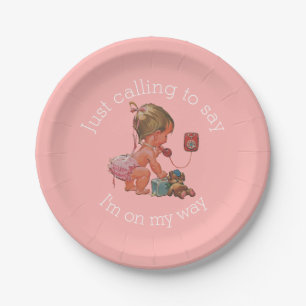 Vintage Girl on Phone Baby Shower Paper Plate