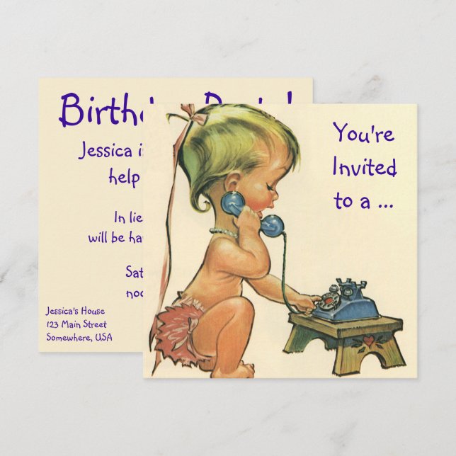 Vintage Girl on Phone, Birthday Party Invitation (Front/Back)