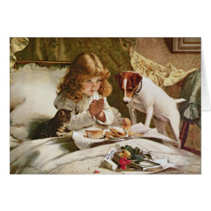 Vintage - Girl & Pets Saying Breakfast Prayers,