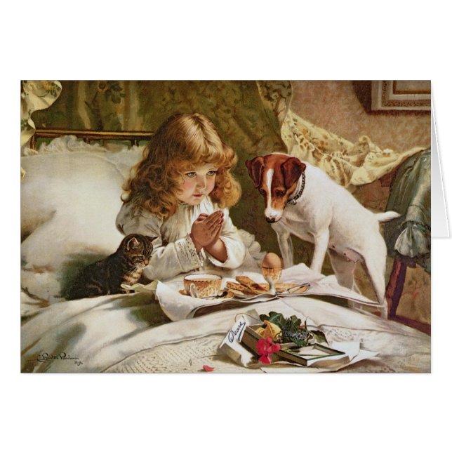 Vintage - Girl & Pets Saying Breakfast Prayers, (Front Horizontal)