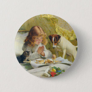 Vintage Girl Praying with Cat & Dog Art Suspense 6 Cm Round Badge