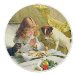 Vintage Girl Praying with Cat & Dog Art Suspense Ceramic Knob