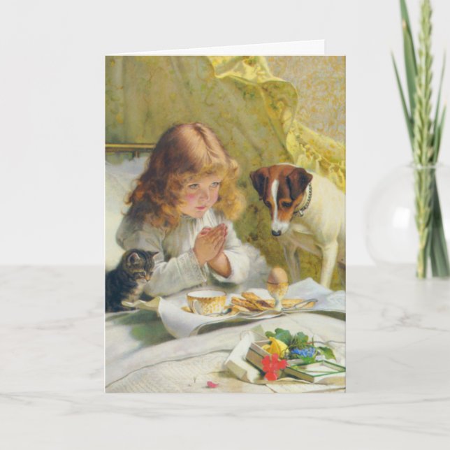 Vintage Girl Praying with Cat & Dog Art Suspense Holiday Card (Front)