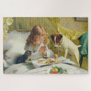 Vintage Girl Praying with Cat & Dog Art Suspense Jigsaw Puzzle