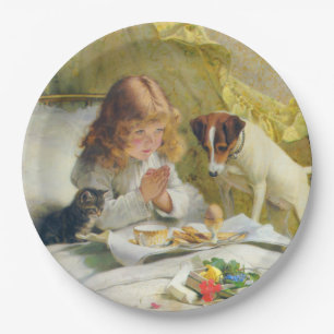 Vintage Girl Praying with Cat & Dog Art Suspense Paper Plate
