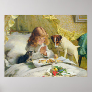Vintage Girl Praying with Cat & Dog Art Suspense Poster