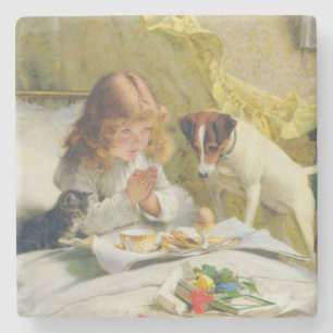 Vintage Girl Praying with Cat & Dog Art Suspense Stone Coaster