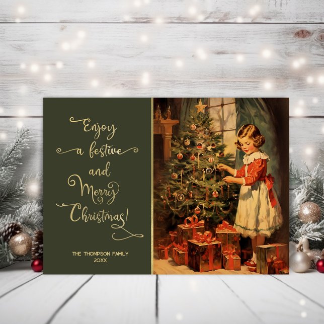 Vintage girl preparing a Christmas tree Holiday Card (Creator Uploaded)