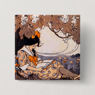 Vintage Girl Reading Under a Tree 15 Cm Square Badge
