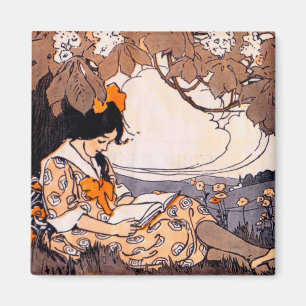 Vintage Girl Reading Under a Tree Magnet