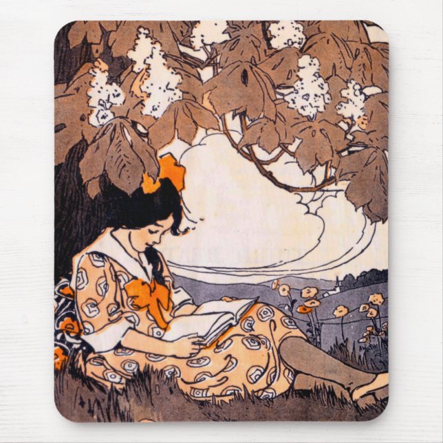 Vintage Girl Reading Under a Tree Mouse Mat (Front)