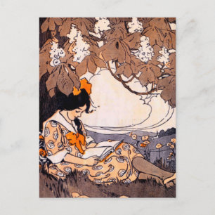 Vintage Girl Reading Under a Tree Postcard