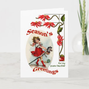 Vintage Girl Seasons Greetings for Piano Teacher Holiday Card