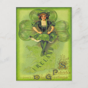Vintage Girl Shamrock Ireland St Patrick's Day Car Postcard