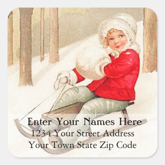 Vintage Girl Sledding Christmas Address Label (Front)