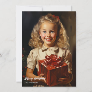 Vintage girl smiling with Christmas present  Holiday Card
