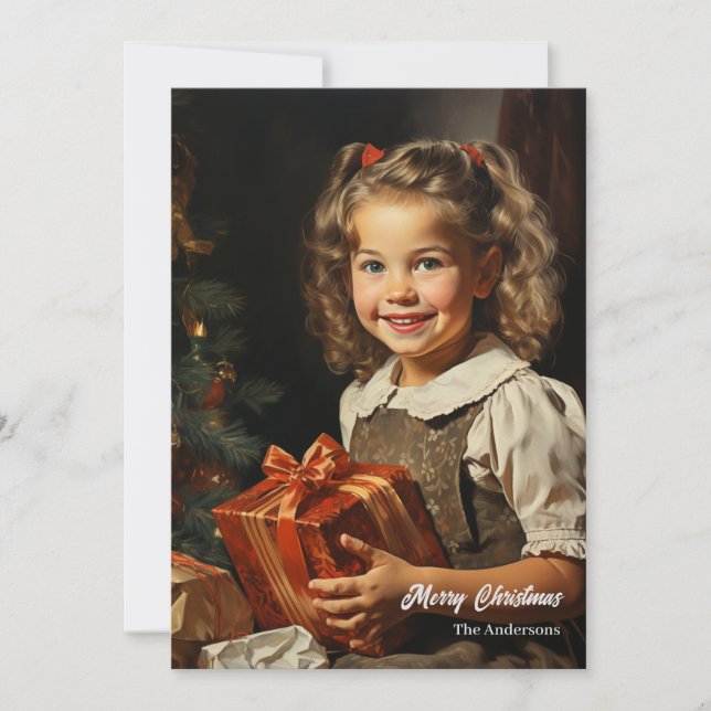 Vintage girl smiling with Christmas present  Holiday Card (Front)