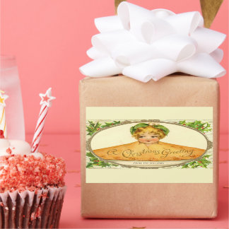 Vintage girl surprise pop up in Christmas pie Rectangular Sticker