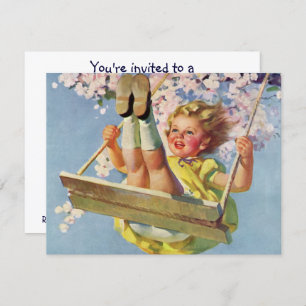 Vintage Girl Swinging on Tree Swing Birthday Party Invitation