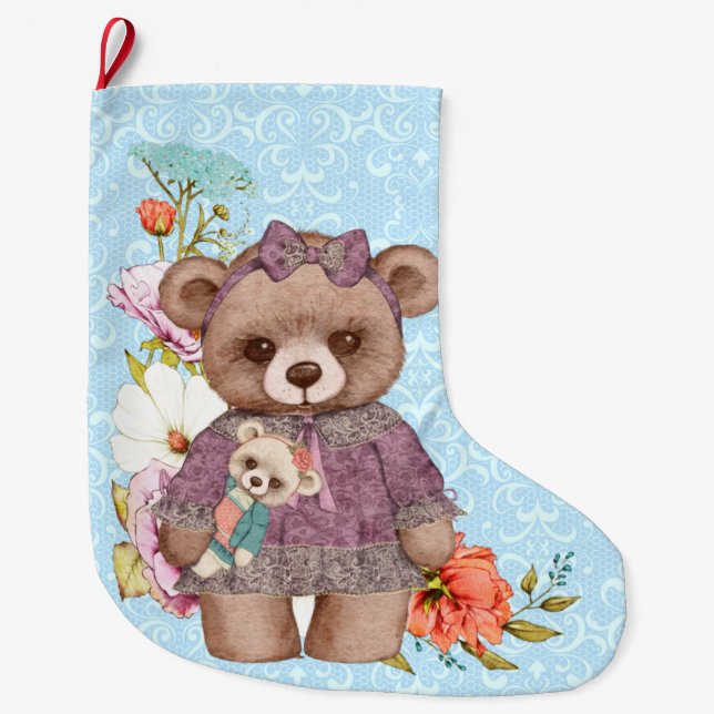 Vintage Girl Teddy Bear with doll on blue Large Christmas Stocking (Front)