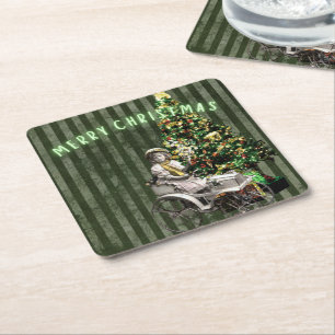 Vintage Girl & Tree Holiday Scene  Square Paper Coaster