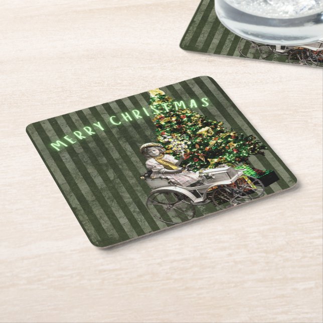Vintage Girl & Tree Holiday Scene  Square Paper Coaster (Angled)