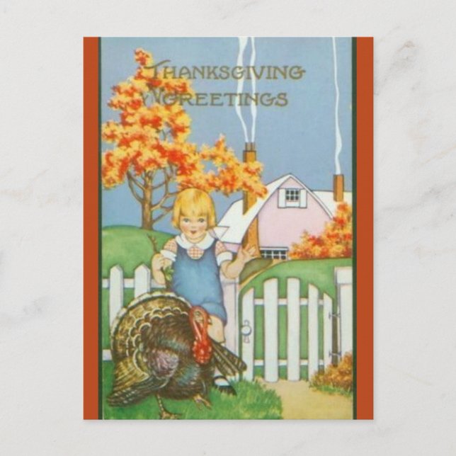 Vintage Girl Turkey and Pink House Thanksgiving Postcard (Front)