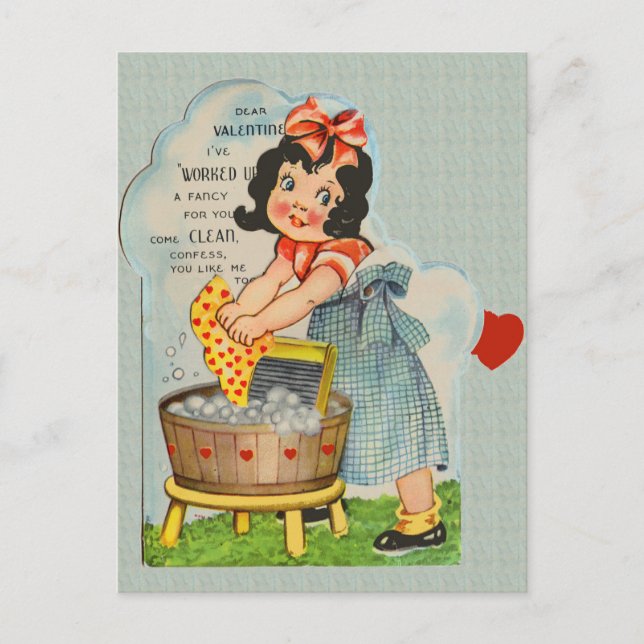 Vintage Girl Washing Clothes Valentine Postcard (Front)