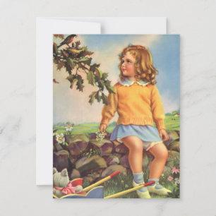 Vintage Girl Watching Birds in a Tree, Spring