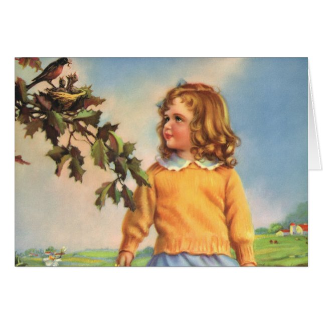 Vintage Girl Watching Birds in a Tree, Spring (Front Horizontal)