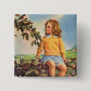 Vintage Girl Watching Birds in a Tree, Spring 15 Cm Square Badge