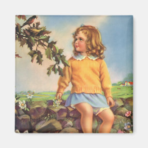 Vintage Girl Watching Birds in a Tree, Spring Magnet