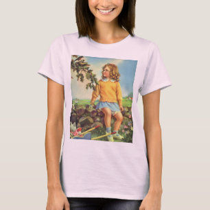 Vintage Girl Watching Birds in a Tree, Spring T-Shirt