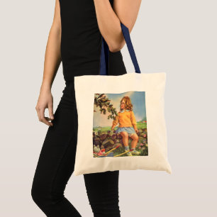 Vintage Girl Watching Birds in a Tree, Spring Tote Bag