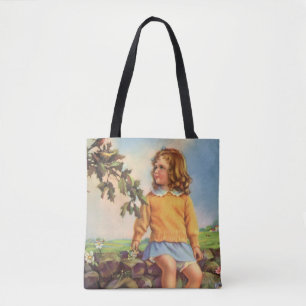 Vintage Girl Watching Birds in a Tree, Spring Tote Bag