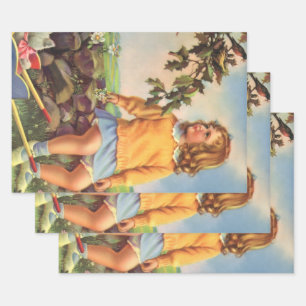 Vintage Girl Watching Birds in a Tree, Spring Wrapping Paper Sheet