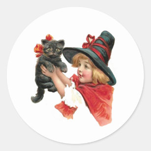 Vintage Girl Witch with Kitten Classic Round Sticker