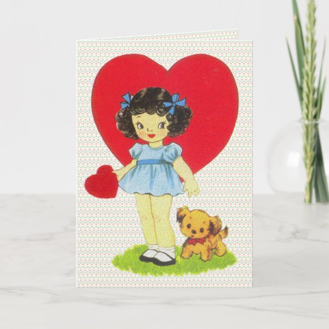 Vintage Girl with a Puppy Valentine Holiday Card (Front)