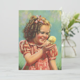 Vintage Girl with Baby Chick, Happy Child Smiling