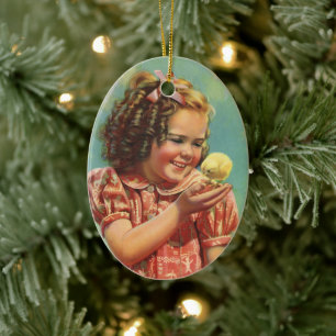 Vintage Girl with Baby Chick, Happy Child Smiling Ceramic Tree Decoration