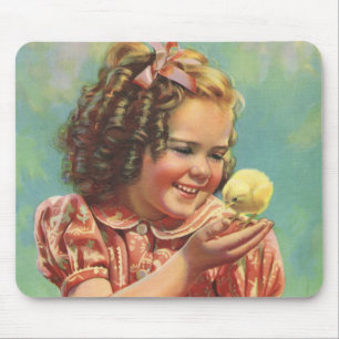 Vintage Girl with Baby Chick, Happy Child Smiling Mouse Mat