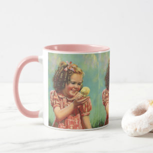 Vintage Girl with Baby Chick, Happy Child Smiling Mug