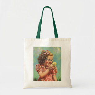 Vintage Girl with Baby Chick, Happy Child Smiling Tote Bag